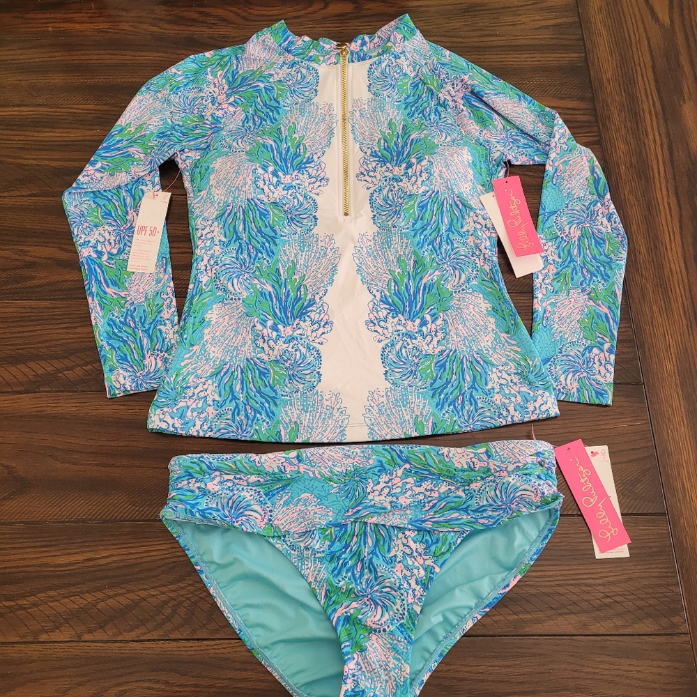 NWT LILLY PULITZER  Womans Las Olas Aqua Rashguard and Bottom Size 14 UPF 50+